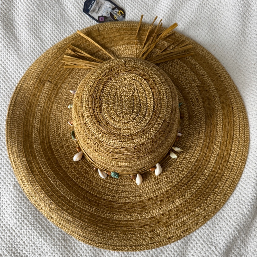 Stylish Tan Straw Hat with Shell Accents